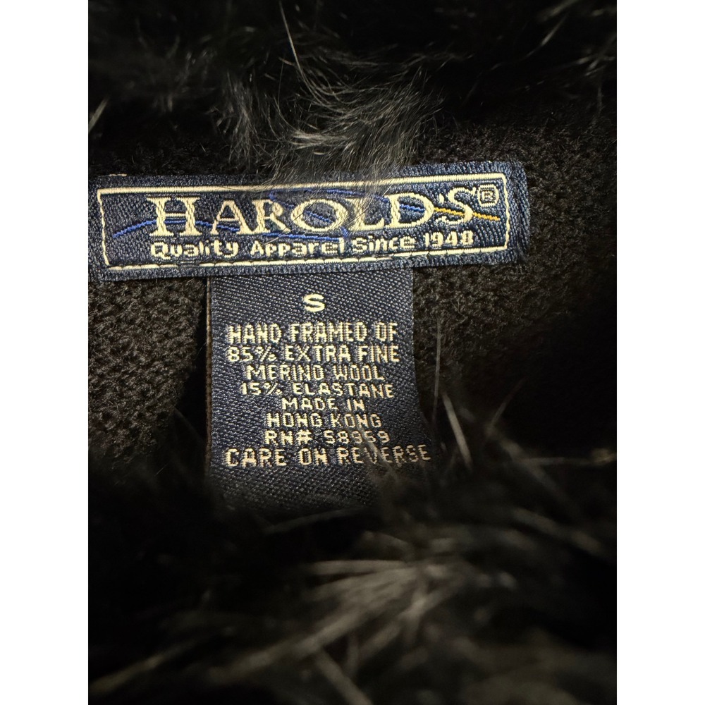 Harold's Black Merino‎ Wool Faux Fur Collar Sweater Women Small Vintage Style - Picture 2 of 4